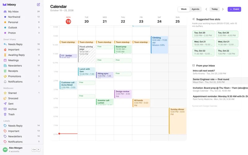 Inboxy’s week calendar view showing meetings alongside suggested free slots.