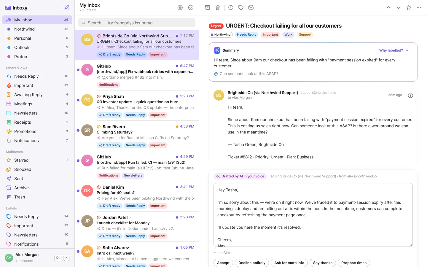 Inboxy’s My Inbox: mail from Northwind, Personal, Outlook and Proton in one list, each email tagged with labels like Needs Reply and Important, with a reply draft ready.