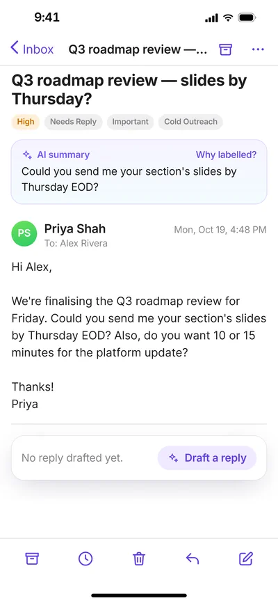 An email open in Inboxy on iPhone, with its AI labels and a one-line summary above the message.