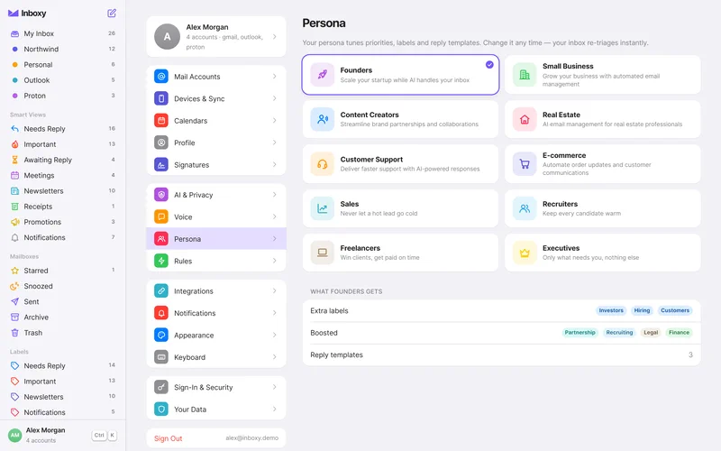 Inboxy settings where you choose a persona, such as Founder or Real Estate, to tune labels and drafts.