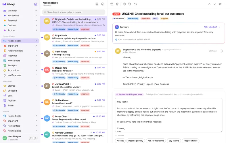 The Inboxy Mac app showing an email with a ready reply draft.