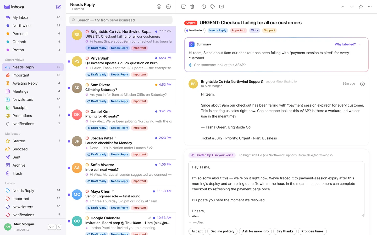 An email in the Needs Reply view with an AI-written reply draft under it, ready to edit and send.
