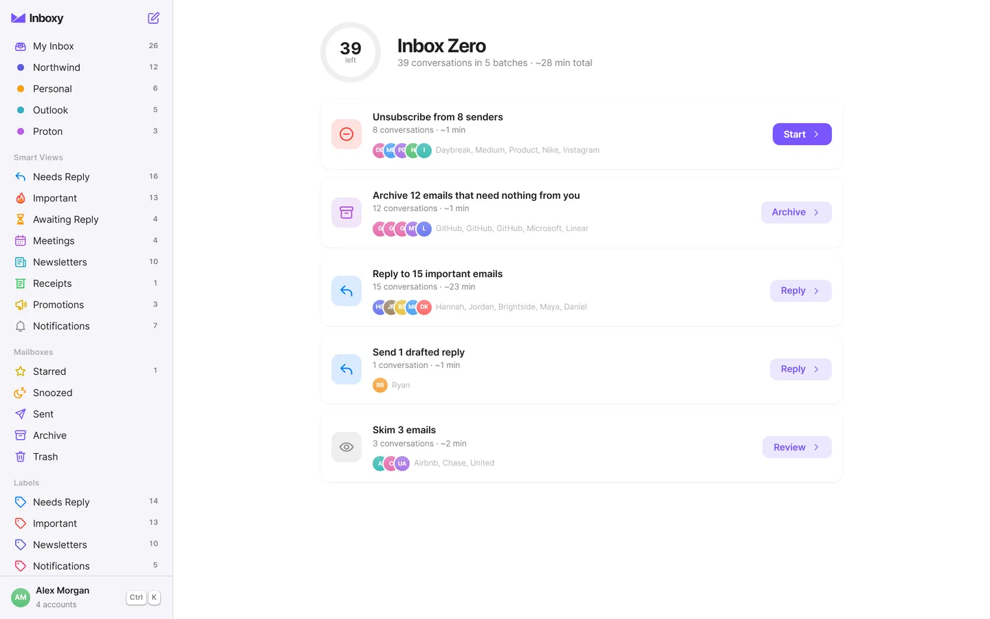 Inbox Zero mode showing a step-by-step plan: batches of emails to unsubscribe, archive and reply to, each with an estimated time.
